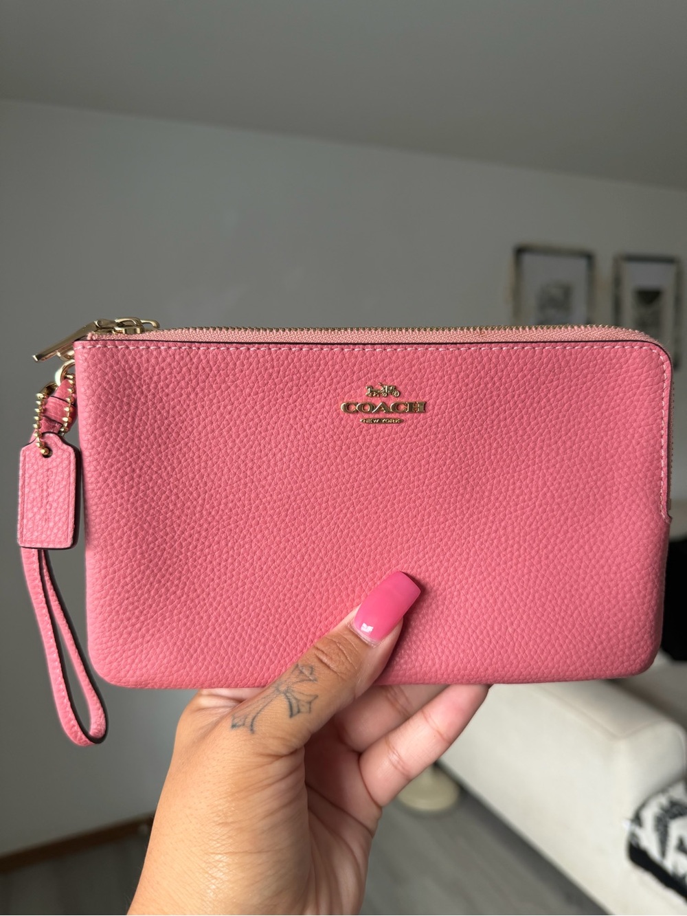 COACH Pink Pebbled Leather Wristlet Clutch with Gold Logo